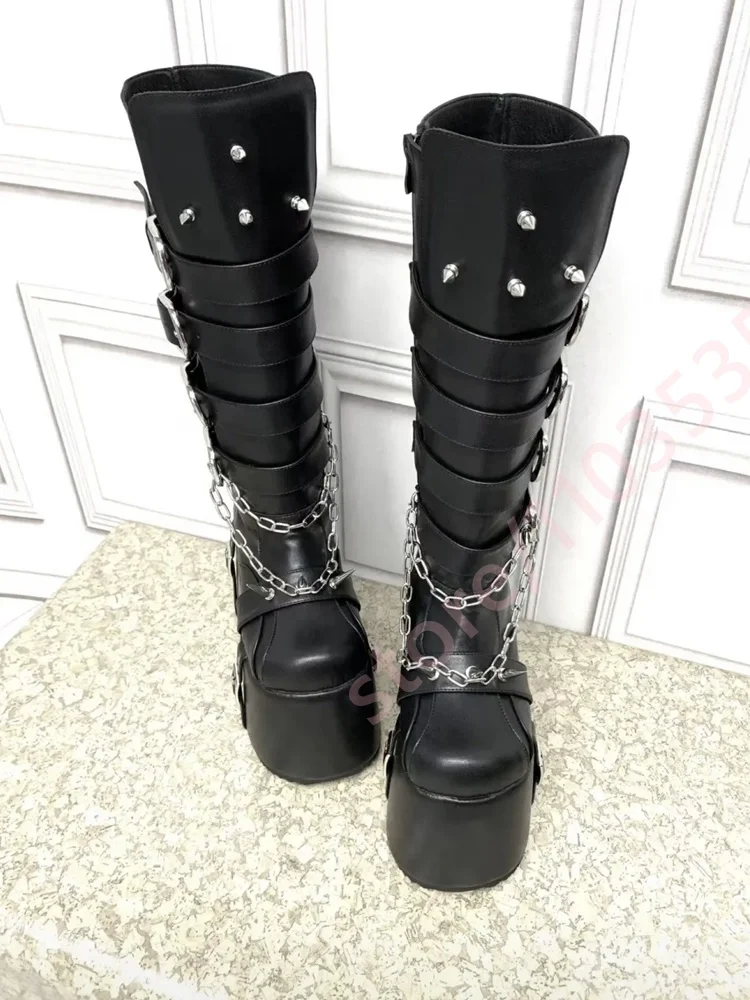 Women Black Platform Knee High Boots Metal Chain Spike Decor Multi Buckle Straps Side Zipper Gothic Punk Y2K Wedge Tall Boots