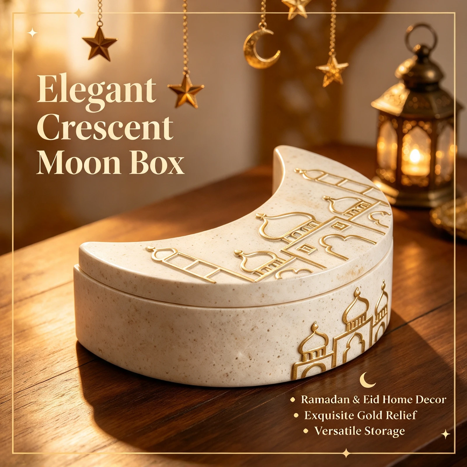 Resin Crescent Moon Storage Box, With Lid Arabic Mosque Pattern, Jewelry Organizer Tray Middle Eastern, Home Table Decor Gift