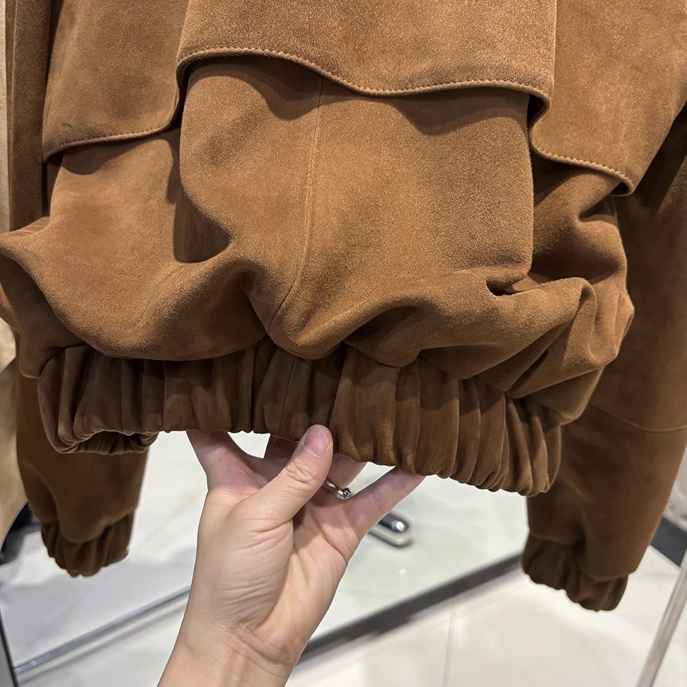 YOLOAgain Suede Leather Jacket Coat Women Real Leather Cropped Jacket Bomber Jacket