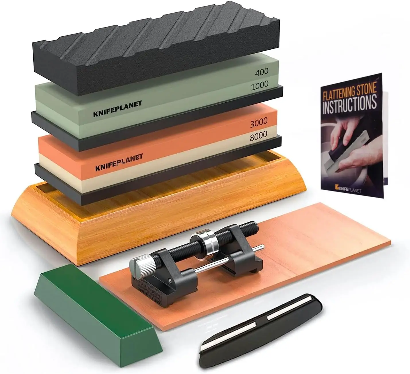 

Professional Knife Sharpening Stone Set with 4 Grits, Flattening Stone, Bamboo Base & Non-Slip Bases