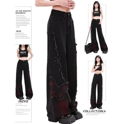 Black Womens Jeans Printing High Waist Straight Baggy Denim Pants Europe and America Fashion Y2K Female Wide Leg Denim Trouser