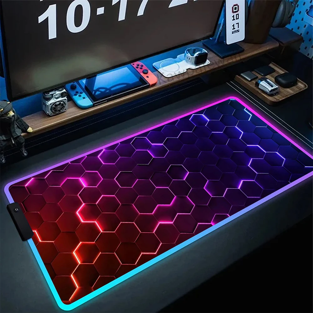 

RGB Geometric HD Mouse Pad Large Gaming Hexagon Mousepad Gamer Locking Edge Computer Mouse Mat LED Non-Slip Game Keyboard Pads