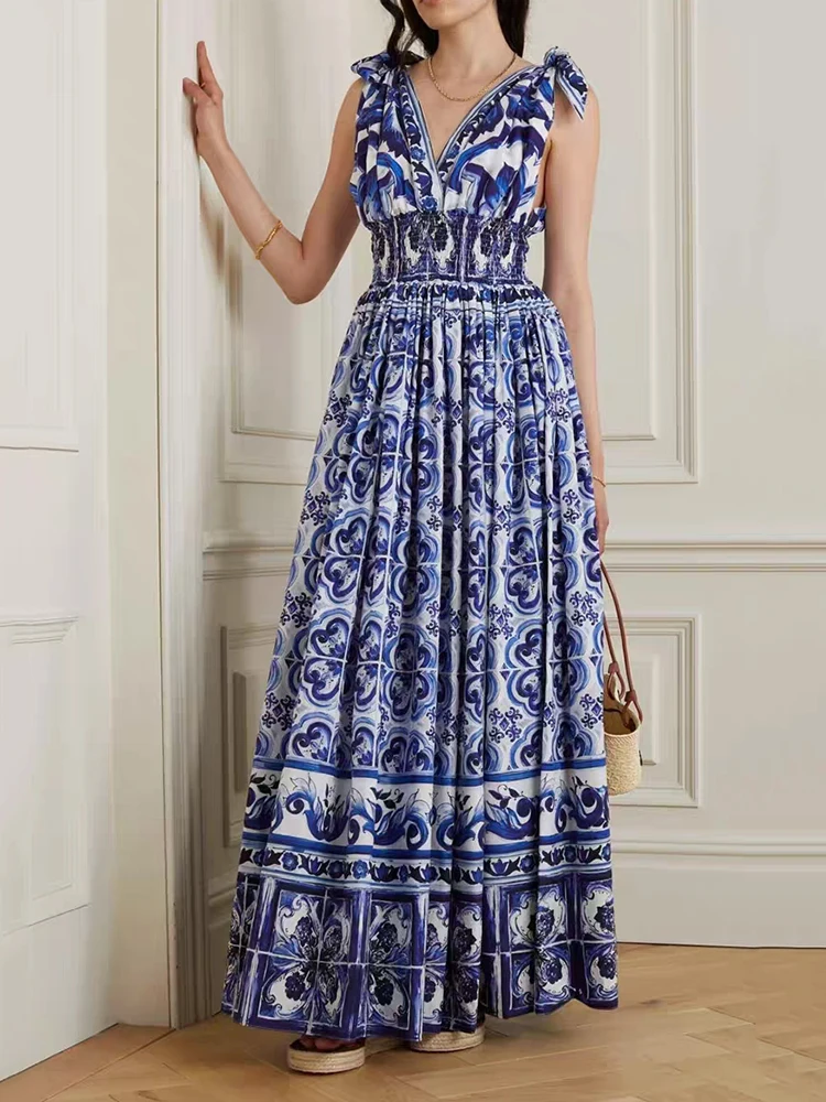 

2025 Summer Women's Retro Geometric Printed Sexy Deep V-neck Elastic Waist Bow Strap Dress Loose Large Swing Puff Skirt