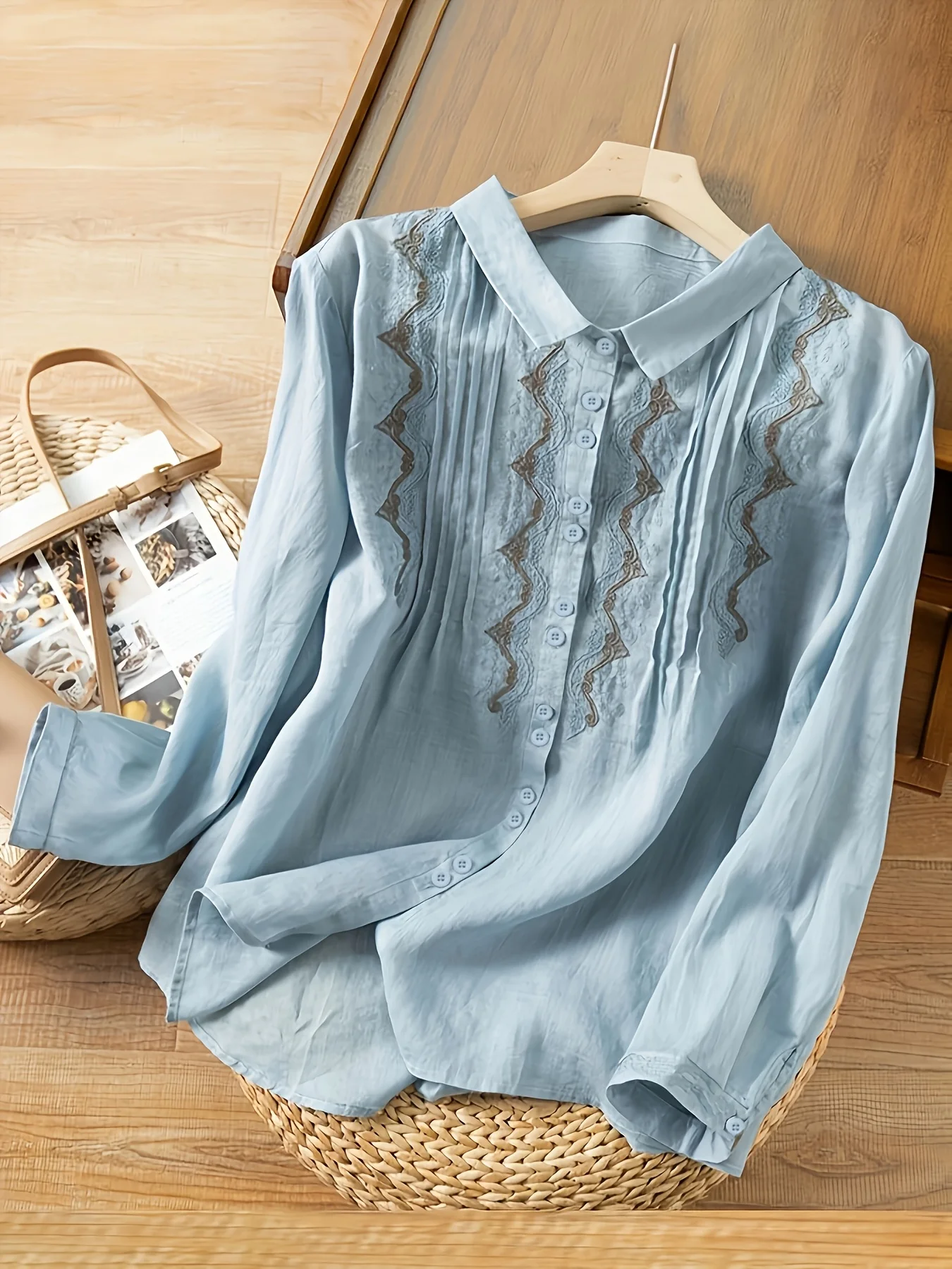 

Women's New Long-Sleeved Discounted Cotton Embroidered Shirt Top