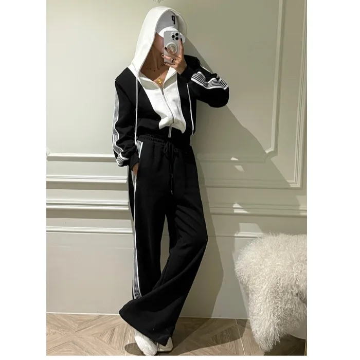 

Korean Chic Spor Hoodie Top And Casual Wide Leg Pants Two Piece Set Women's Long Sve Clothing Outfit Combo