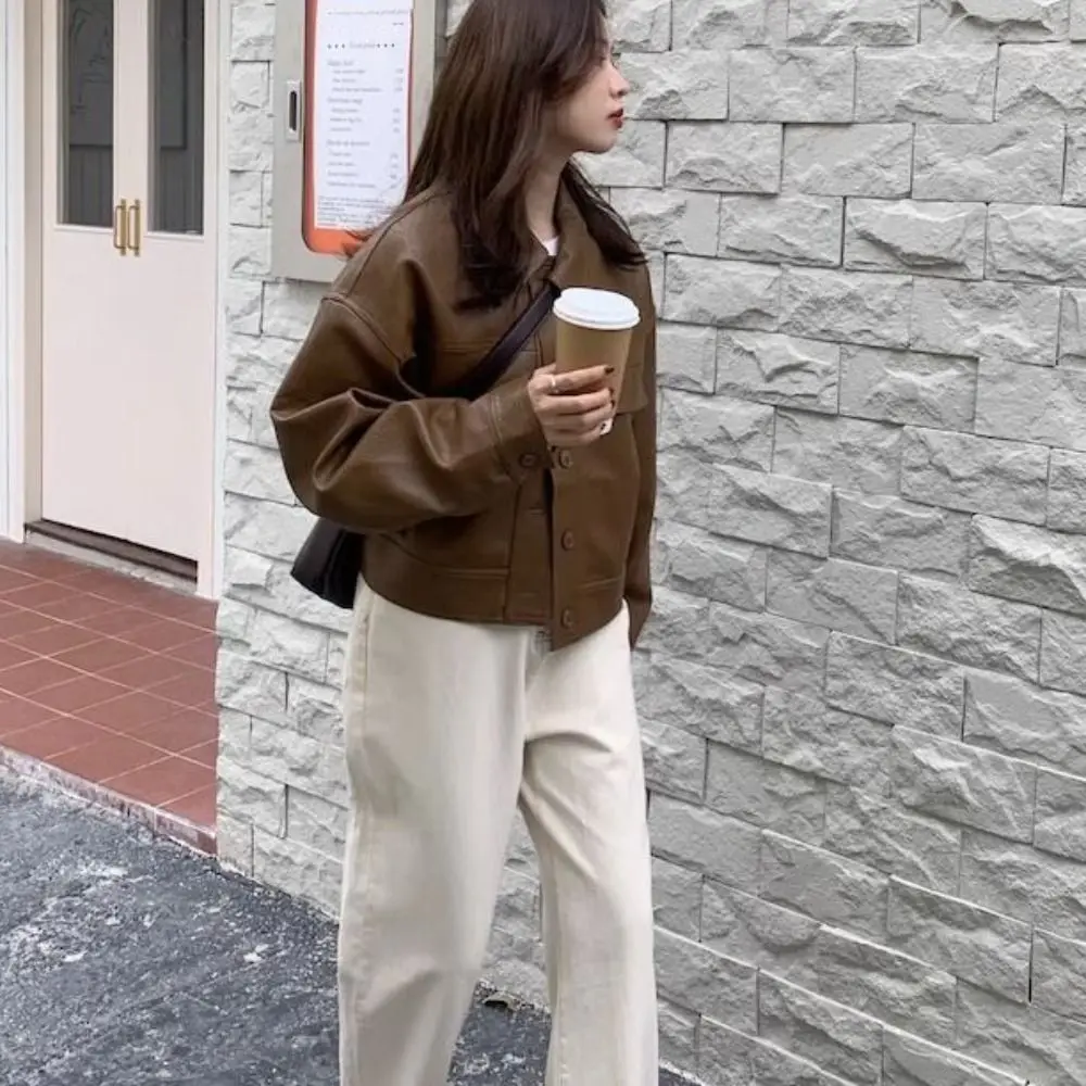 Comfortable Lapel Collar Leather Jacket Women Outerwear Retro Vintage PU Coats Korean Chic Windbreaker Jackets Streetwear