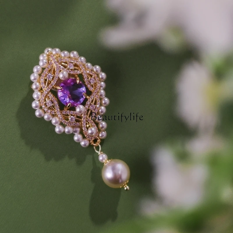 

Gold-plated handmade pearl amethyst jewelry micro-set brooch brooch accessories