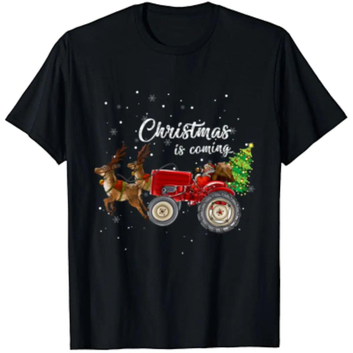 Christmas Is Coming Funny Santa Claus Tractor Sleigh Farmer Gift T-Shirt New 100% Cotton O-Neck Short Sleeve Casual Mens T-shirt