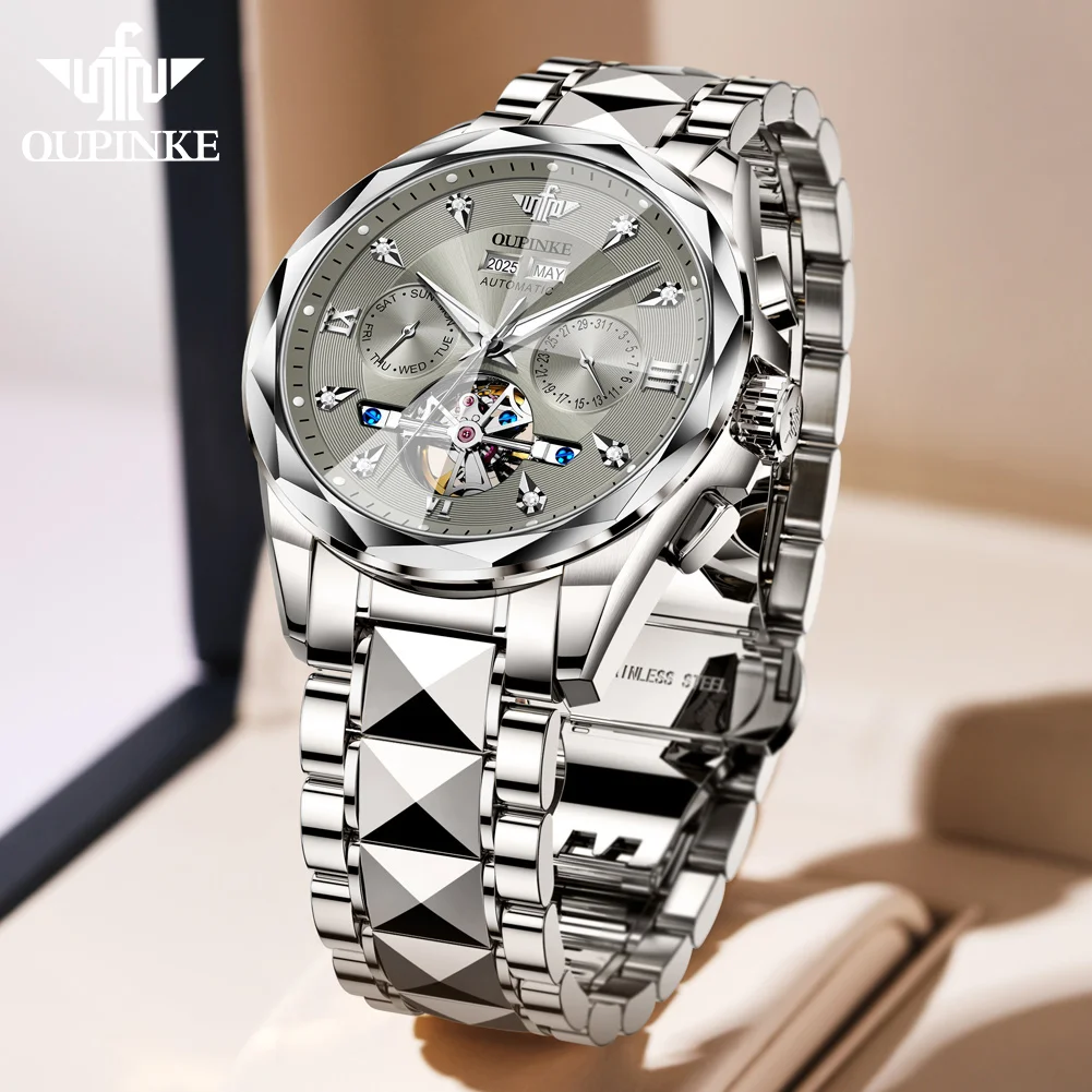 

OUPINKE Men's Watches Luxury Business Top Brand Original Automatic Mechanical Watch for Man Tungsten Steel Sapphire Flywheel New
