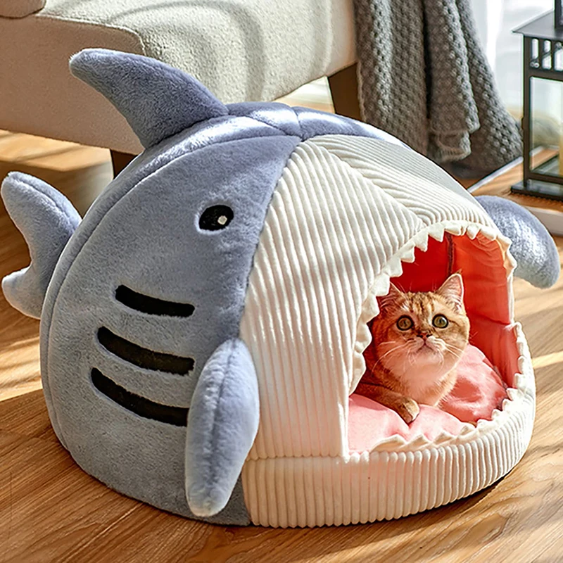 Plush Cat Tent House Cartoon Mat Shark-shaped Kennel Kitten Bed Hideout House Warm Soft Comfortable Semi-closed Cat Dog Nest