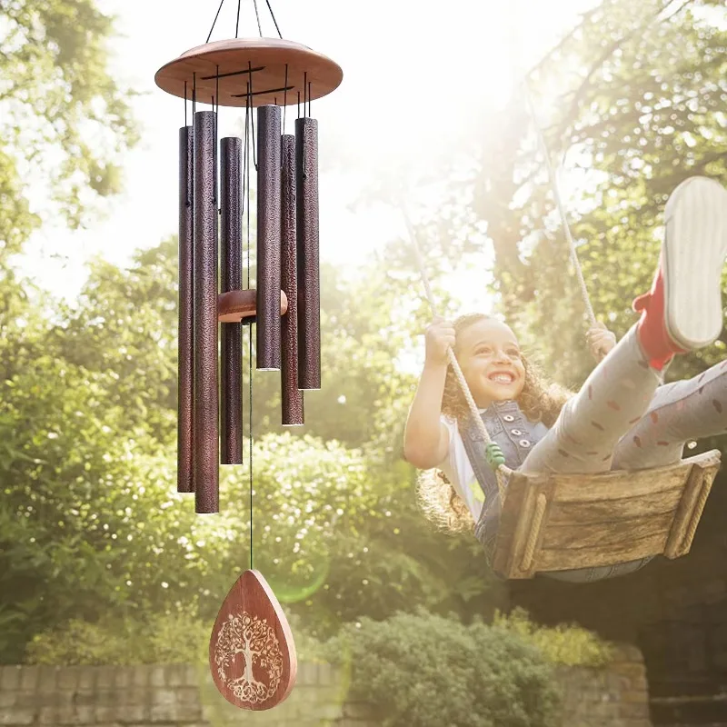 6 Aluminum Tube 32 Inch Memorial Wooden Wind Chimes Outdoor Custom LOGO Engraving Tree Life Retro Home Decoration