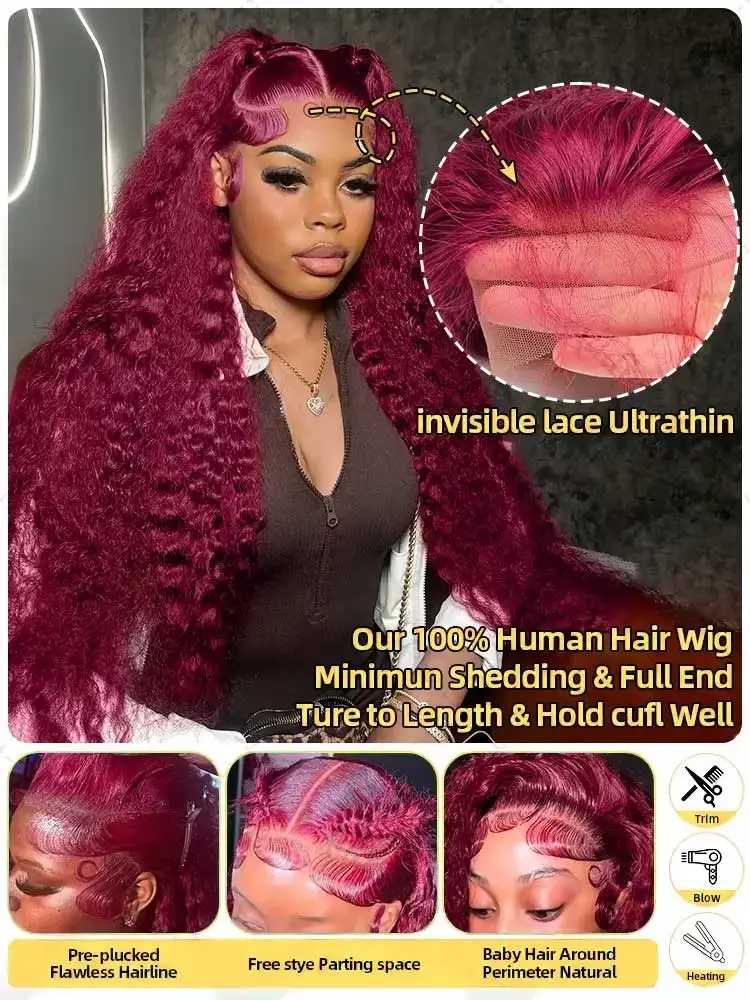250% 13x4 HD Transparent Deep Wave Frontal Wig Colored 99j Burgundy Deep Curly Lace Front Human Hair Wigs Preplucked For Women image 3