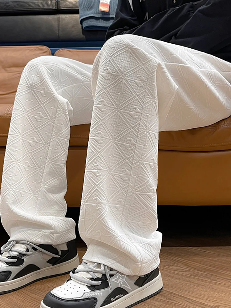 

White Textured Folded Men's Straight Leg Casual Trousers Draped Sle Spor Sweatpants Faionable Casual Pants