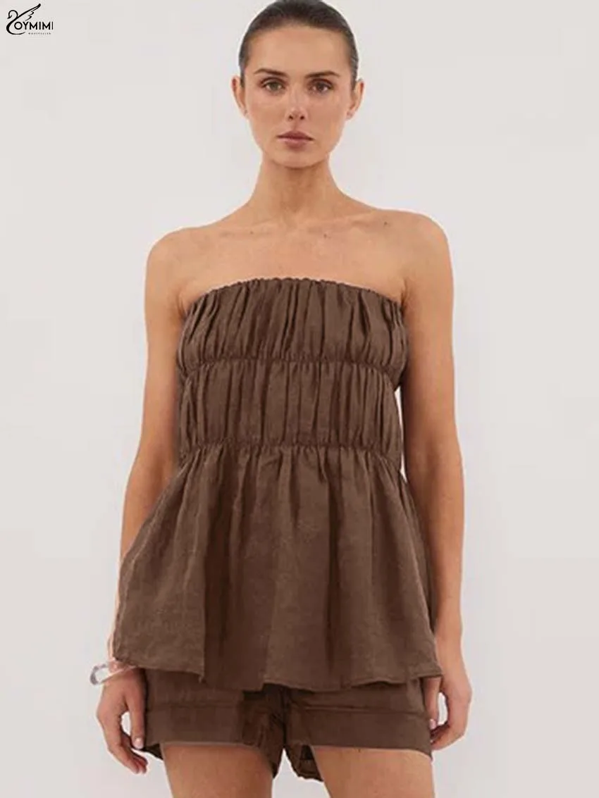 

Oymimi Elegant Brown Cotton Women's Two Pieces Set Fashion Strapless Pleated Zipper Open Back Tops And High Waisted Shorts Sets