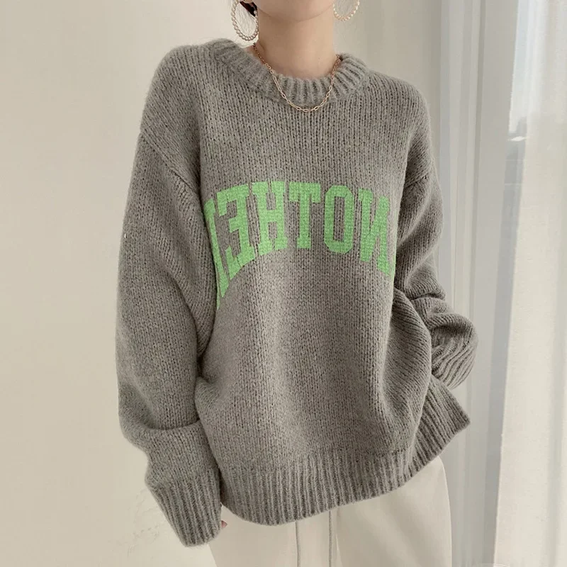 Korean Fashion Spring Autumn Candy Color Sweater Pullovers for Women Loose Oversized Sweater Letter Knitted Pullovers O Neck