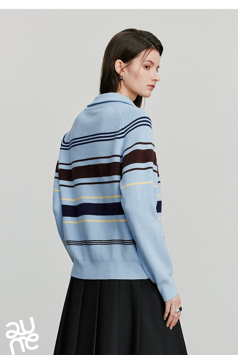 TOYOUTH Women Knitted Sweater 2026 Autumn New Fashionable Style Striped Zipper High Collar Woolen Pullover Sweater Tops