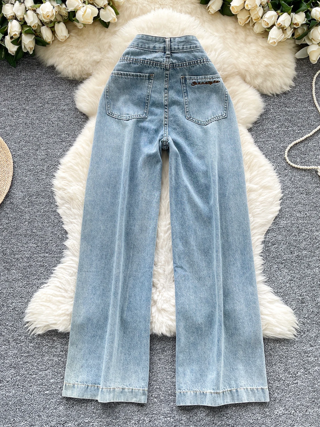 Simple High Waist Wide Leg Light Blue Denim Jeans Women's Summer Vintage Faded Long Straight Floor-Length Pants