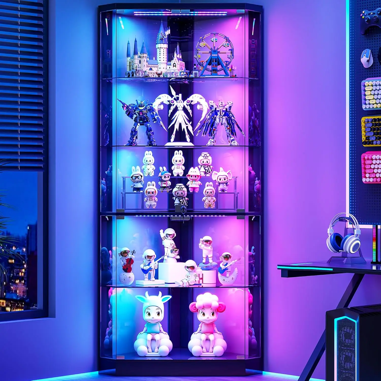 5-Tier Corner Display Cabinet with RGB Light for Collectibles, Black, Customized