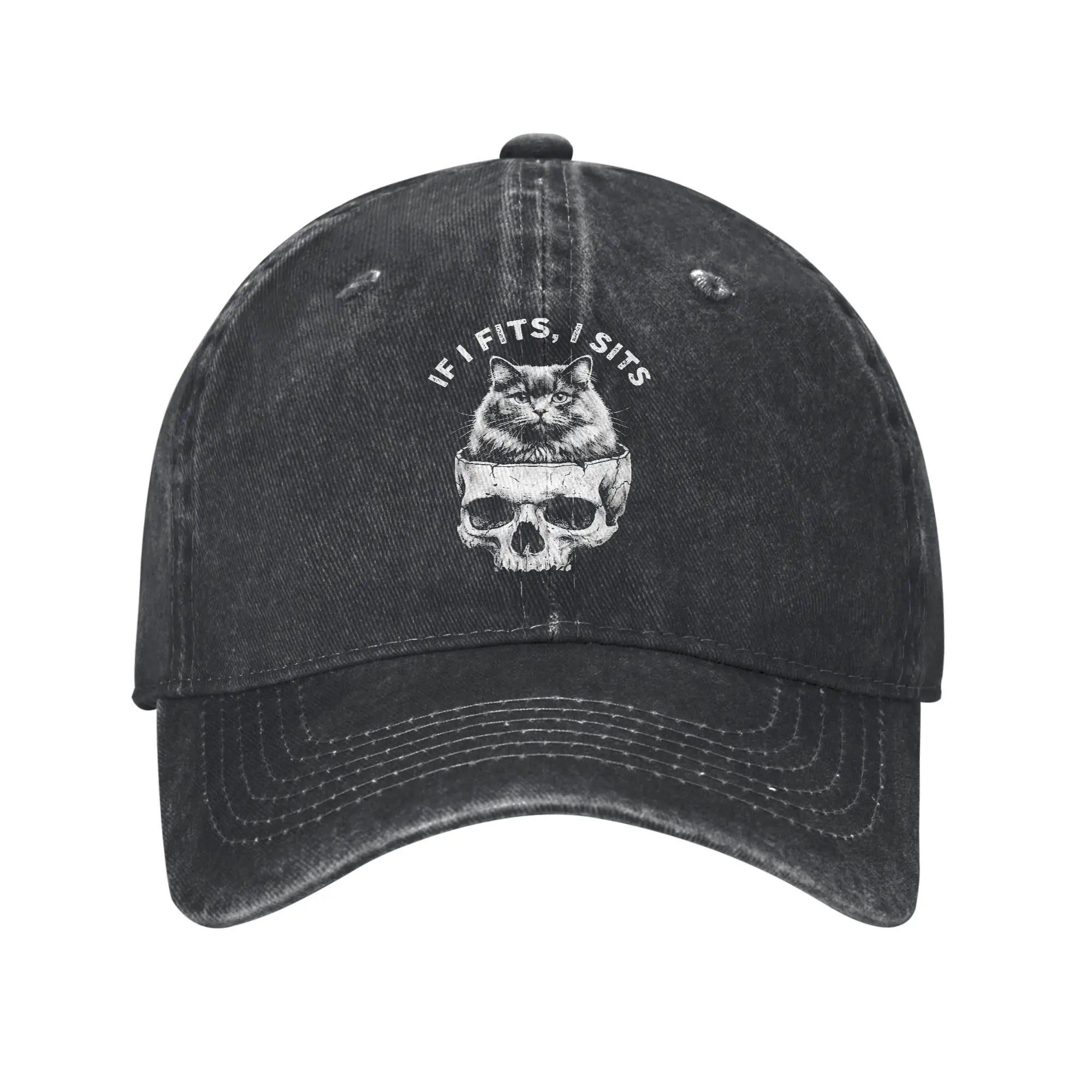If I Fits I Sits Black Cat Skull Gothic Dark Humor Casual Baseball Cap Summer  Trucker Hat High Quality Fishing Hip Hop Hats