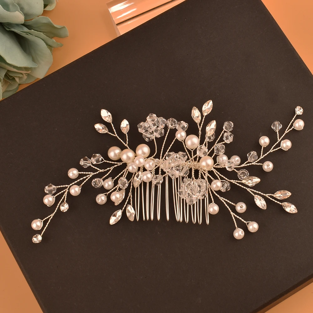 DZ205 Crystal Bride Wedding Hair Comb Silver Hair Accessories with Pearl Bridal Side Combs Headpiece for Women Pack of 1