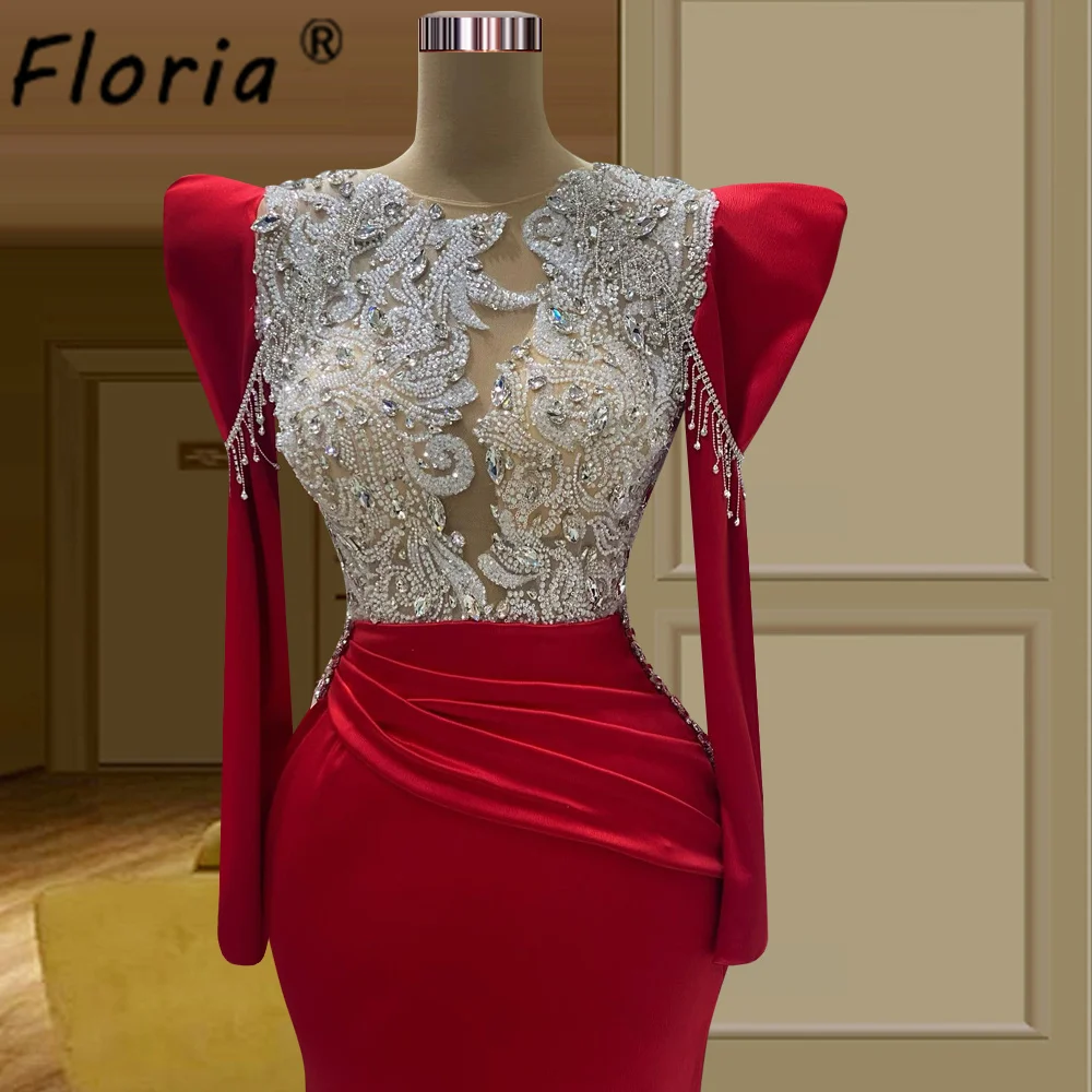 Elegante vestido de novia rojo con cuentas de cristal, manga larga, Dubái, ocasión Formal, plisado con borlas, 2024