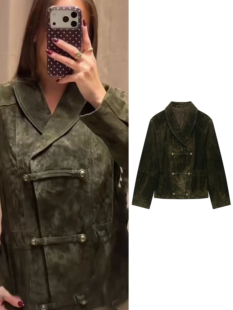 Women Faux Suede Jacket Long Sleeve Elastic Waist Double Breasted Buckle Strap Cropped Vintage Outwear Lapel Casual Outfit