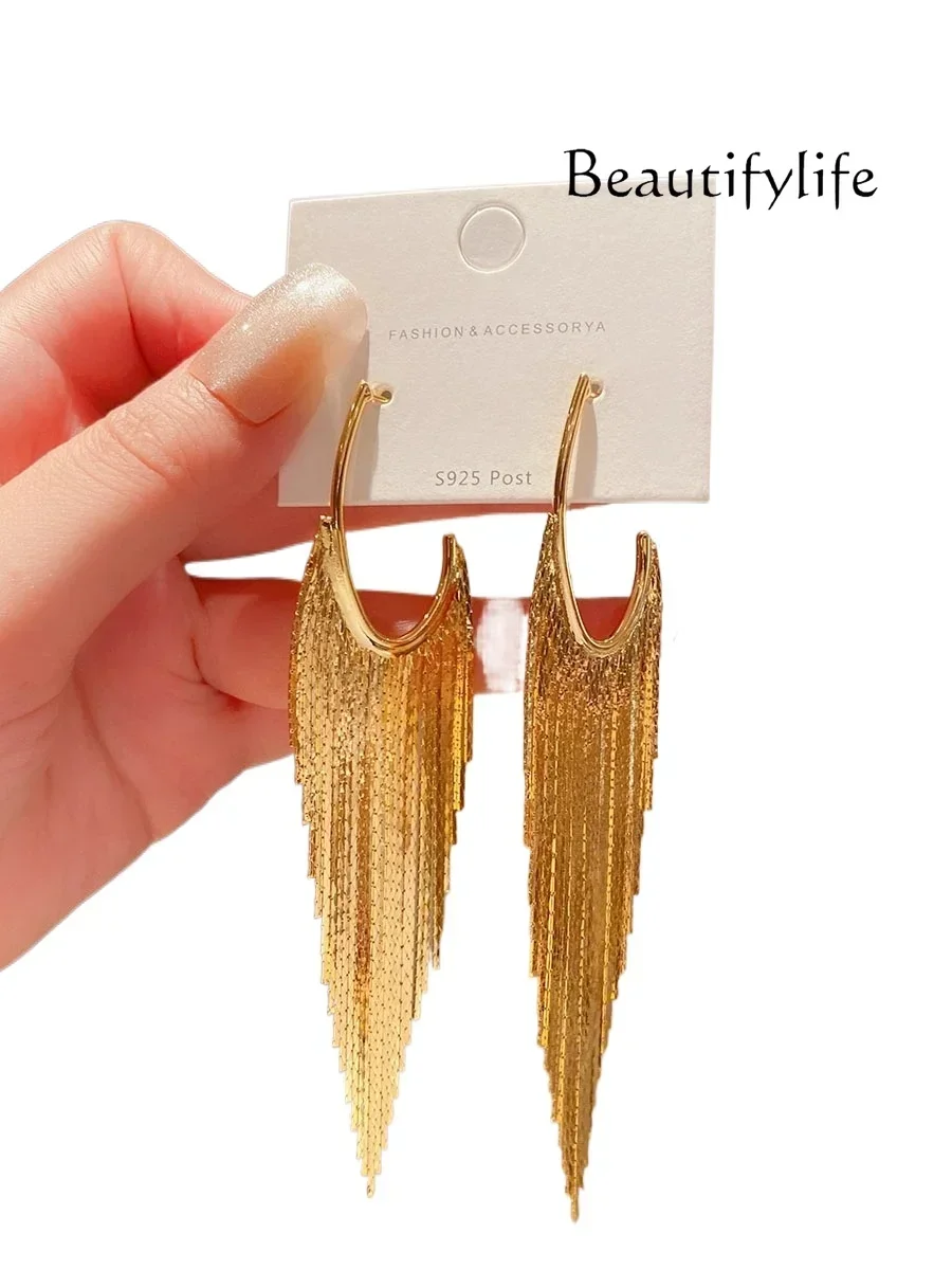 Sterling silver plated 18K exaggerated temperament long fringed earrings women's high sense