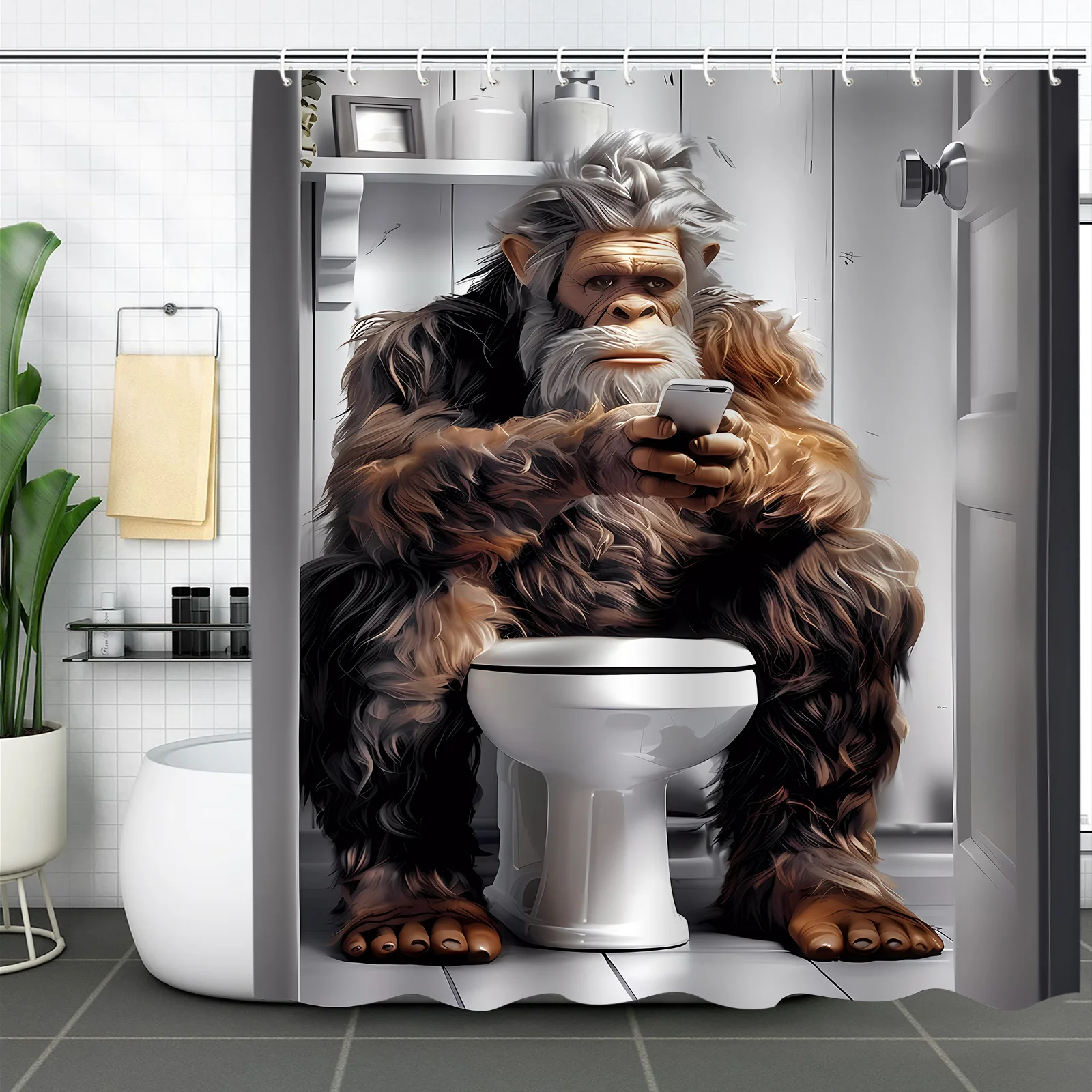 Funny Bigfoot Toilet Shower Curtain,Grey Bathroom Giant Ape Phone Sitting Print Waterproof Bath Curtain for Humor Bathroom Decor