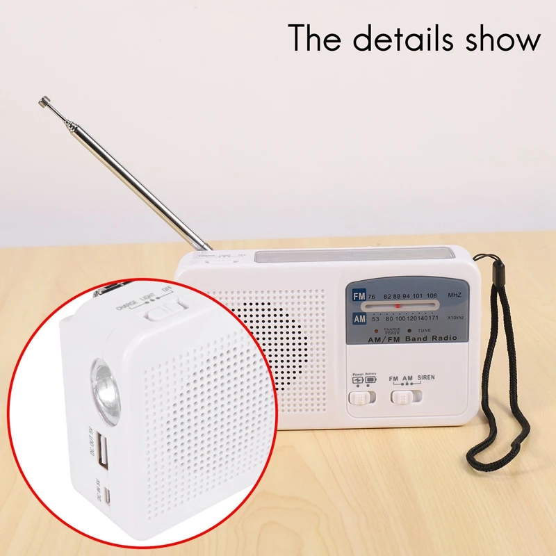 Radio de emergencia con manivela Solar y manual, autoalimentada, batería, carga USB, Radio FM/AM, linterna LED, cargador de teléfono