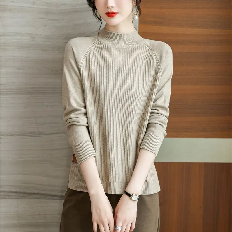 

Women's Autumn Winter Turtleneck Solid Screw Thread Pullover Long Sleeve Sweater Knitted Casual Elegant Loose Undershirt Tops