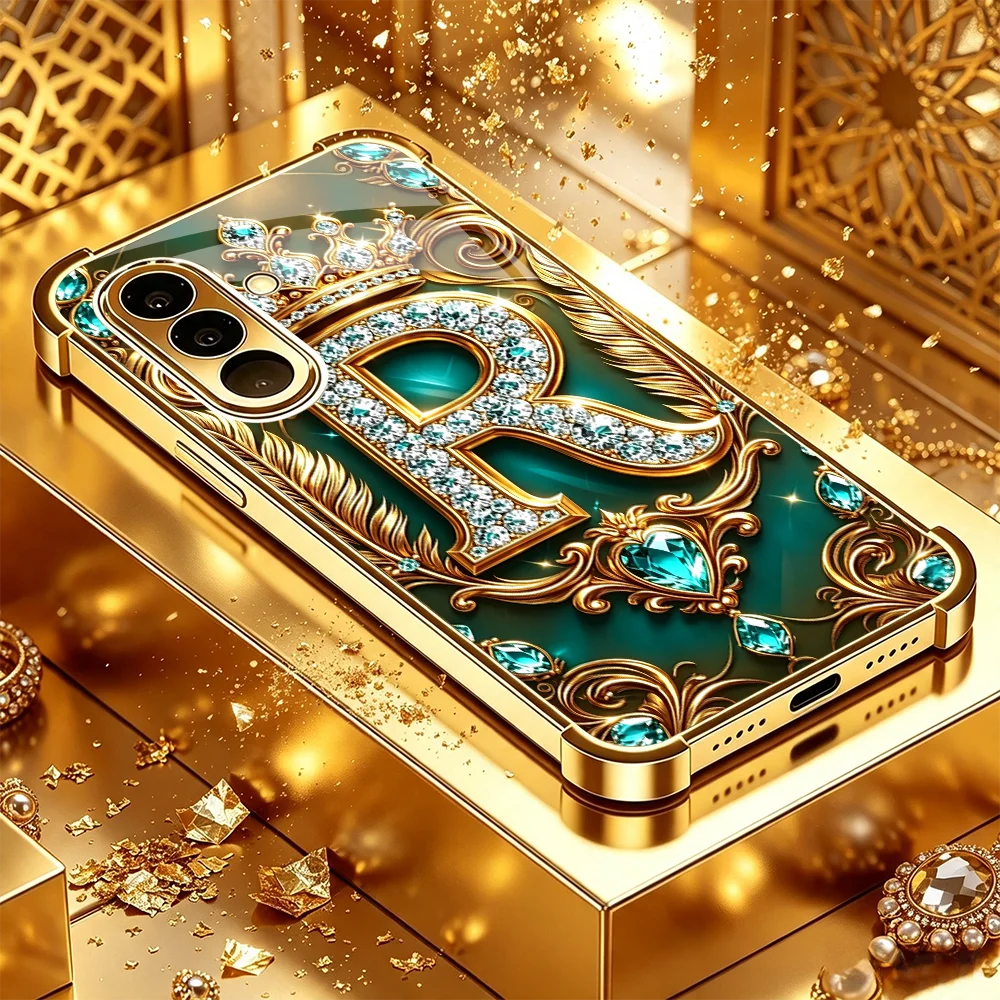 Green Diamond Letter R Tempered Glass TPU Fashion phone case for Samsung Galaxy S26/S25/S24/S23/S22/S21 FE Ultra Plus Shockproof