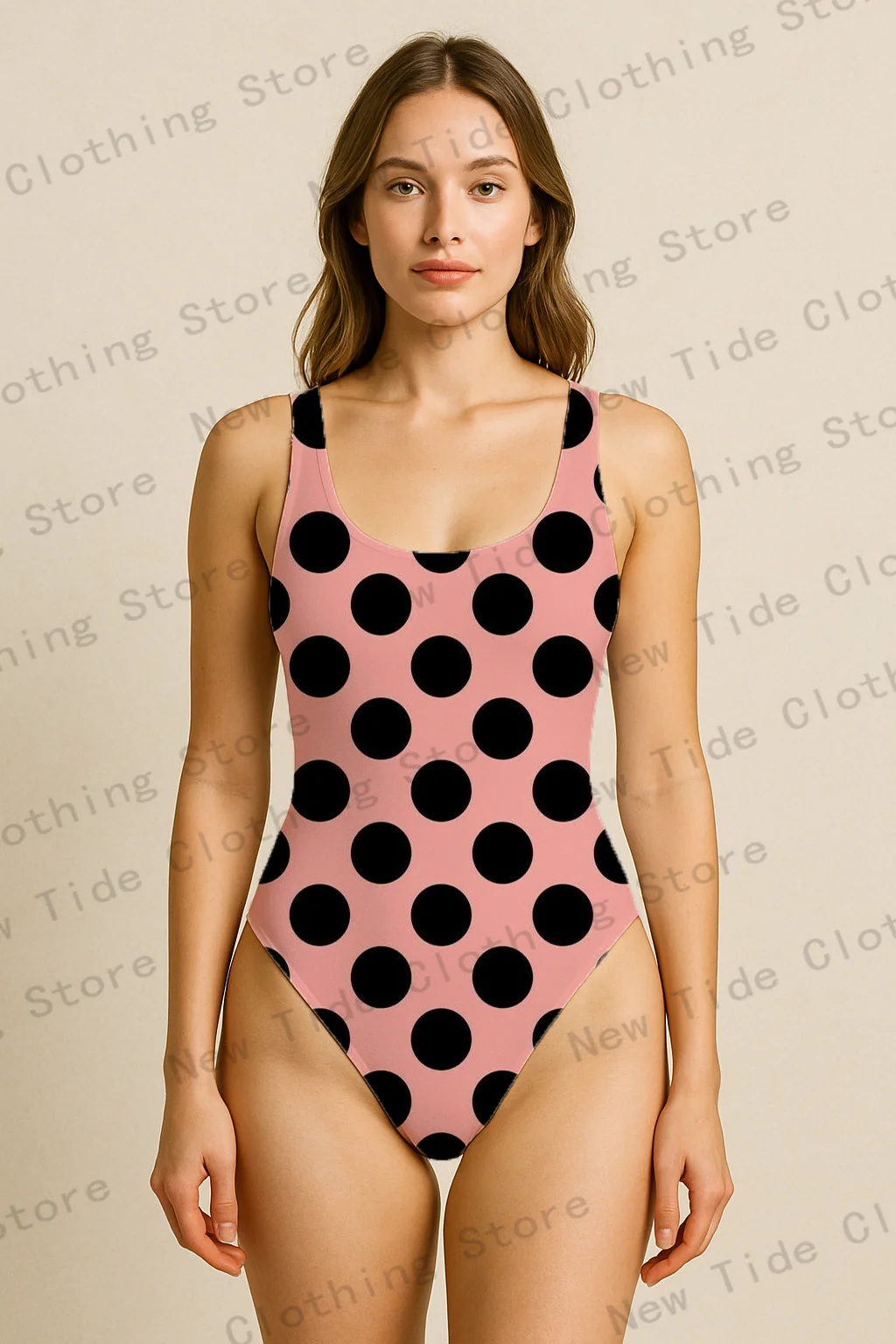 Damski różowo-czarny strój kąpielowy jednoczęściowy w grochy, bez rękawów, dopasowany, na plażę, wakacje letnie, do basenu.