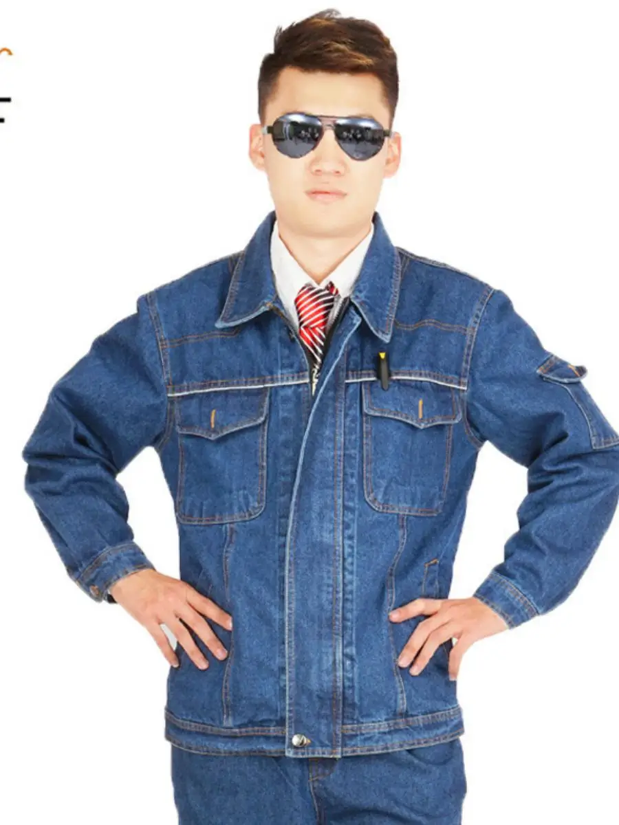 

Утолщенный хлопковый джинсовый рабочий костюм для мужчин с отражающими полосами, защитный костюм для дуговой сварки, износостойкая рабочая форма