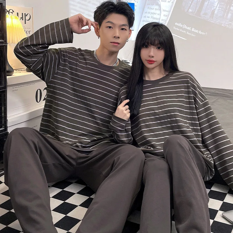 Autumn new knitted cotton imitation women\'s pajamas striped couple double long simple and comfortable men\'s homewear suit