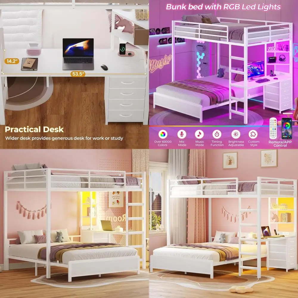 Full Over Full Bunk Bed with Desk, Charging Station, LED Lights, Storage Drawers, and Shelves, Metal Frame with Safety Rail and