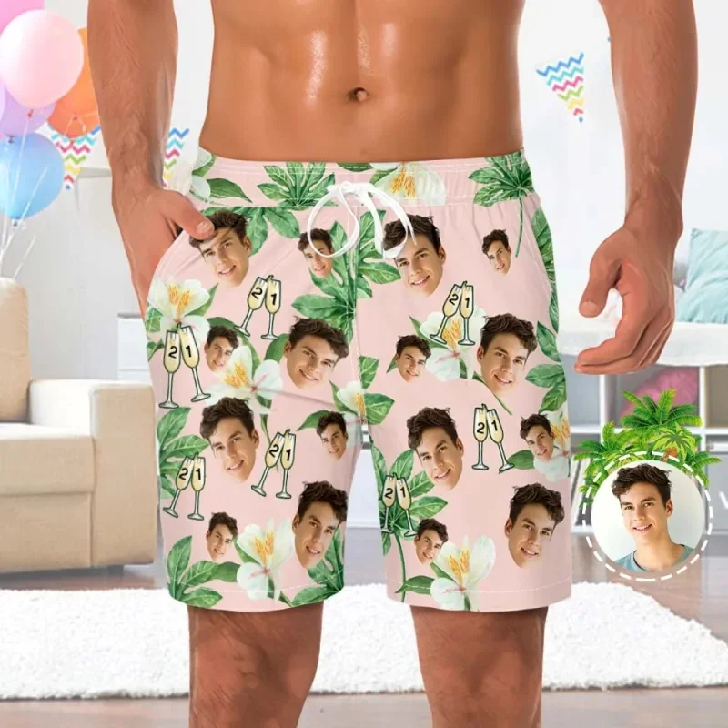 Custom Face Beach Shorts For Men Swimming Trunks Numbers Leaves Design Hip-hop Street Board Short Pants Hawaii Short Masculino