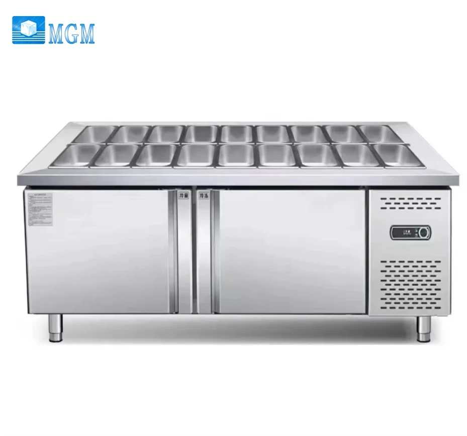 

2 Meters Seasoning Table Sauce Table Small Dish Table Slotted Salad Cabinet Refrigerated and Frozen Commercial Can Be Customized