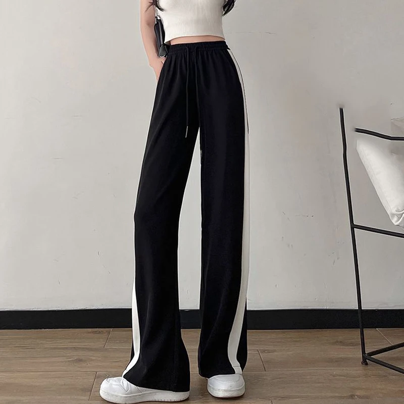 Side Stripe Sweatpants Y2k Women 2023 Summer Korean Style High Waist Streetwear Harajuku Straight Wide Leg Pants Casual Trousers