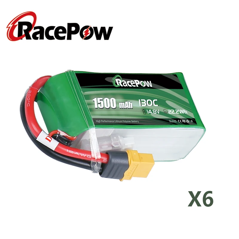 RacePow Lipo Battery 1500mAh 14.8V 130C 4S with XT60 Plug for Vortex LRC Freestyle V1 RC Car  Airplane FPV Racing Drone 6pccs