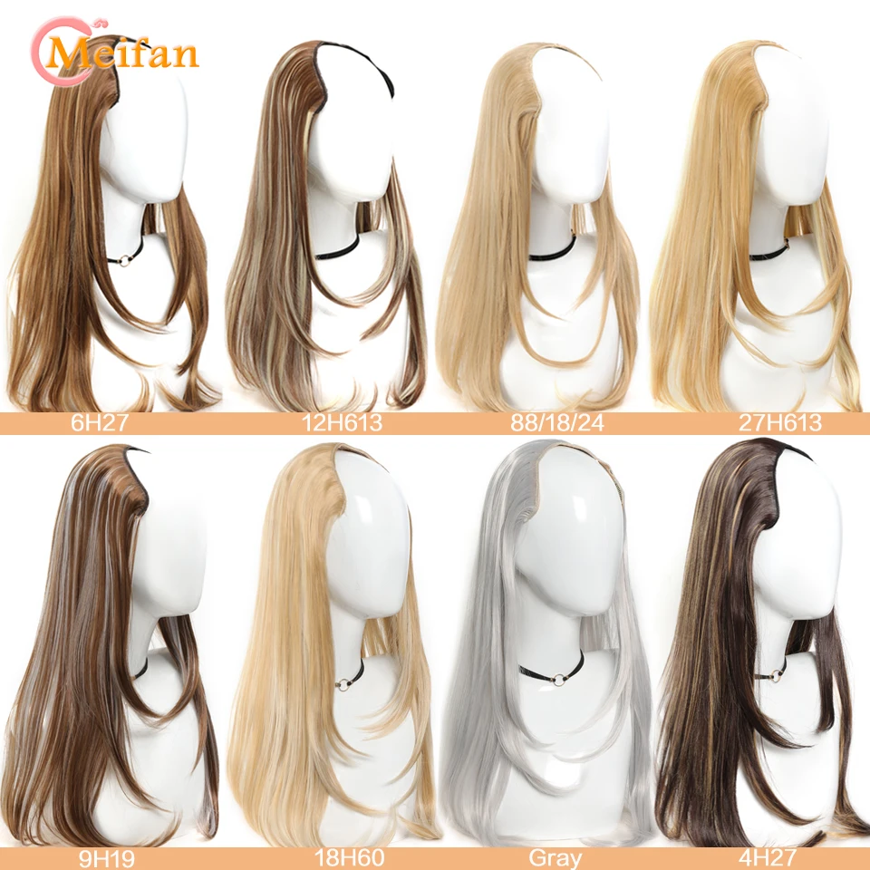 MEIFAN Synthetic Long Layered Fake Hairpiece U-Shaped Half Head Wig for Women Black Brown Clips in Hair Extension Hairpiece