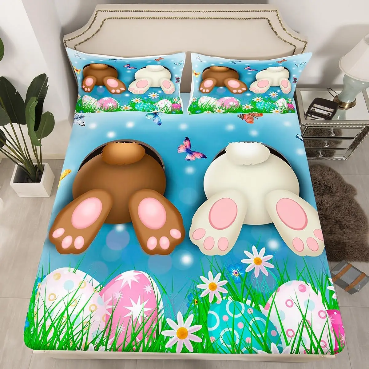Kawaii Rabbit Fitted Sheet Full Queen, Cartoon Bunny Bedding Set Cute Rustic Animals Bed Cover Spring Easter Deep Pocket Sheet