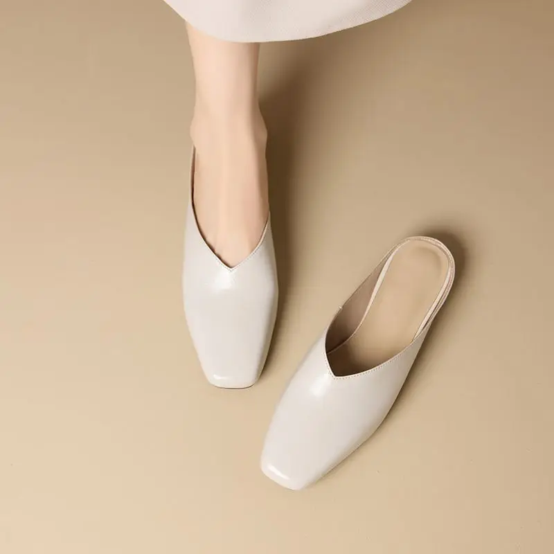 ANOVISHANA Black Women Sandals Flats Square Toe Genuine Leather Slip On Mules Soft Non Slip Daily Shoes Handmade Big Size 42 43