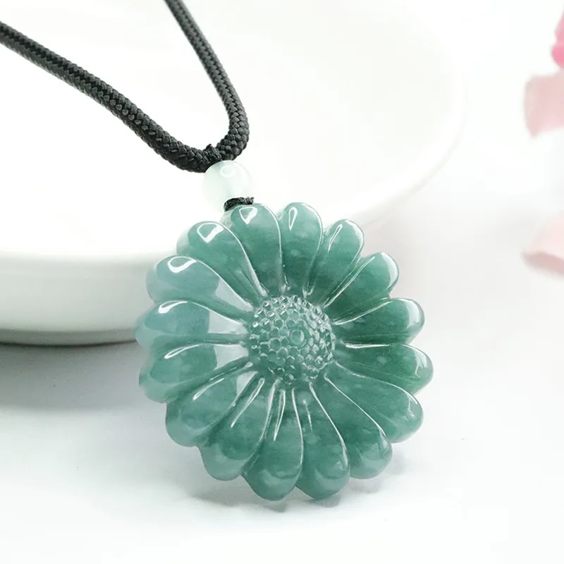 Natural Burmese Blue Jadeite Sunflower Jade Pendant Necklace Fashion Fine Jewelry Designer Charm Amulet Gifts for Women Luxury