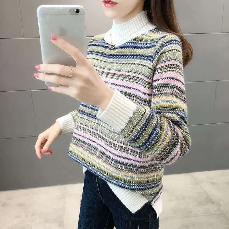 Women Autumn Winter Korean New Half High Neck Pullover Sweater Loose Lazy Striped Warm Knitted Shirt Versatile Long Sleeve Tops