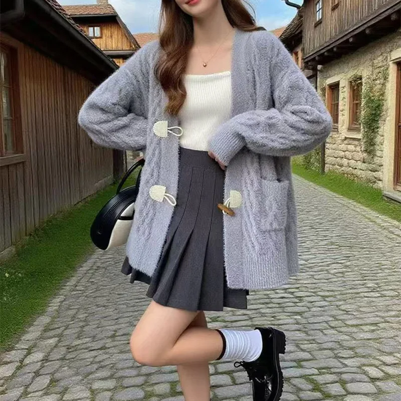 

Winter Cow Horn Button Knitted Sweater Jacket for Women 2025 New Style Imitation Mink Fur Knitted Sweater Top Versatile