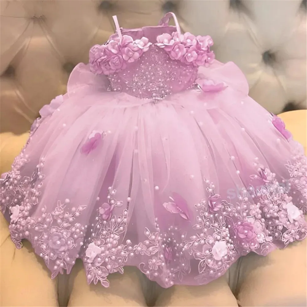 Flower Girl Dress Wedding Purple luxury Feather With Pearls Bow Puffy Tulle Birthday Party First Communion Gowns