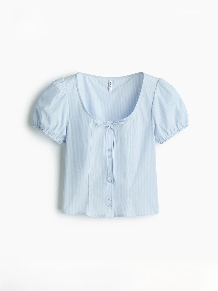 

Женская рубашка H&M, лето 2026: модная, с завязками, рукавами-фонариками, из хлопка, повседневная, с круглым вырезом, короткий рукав