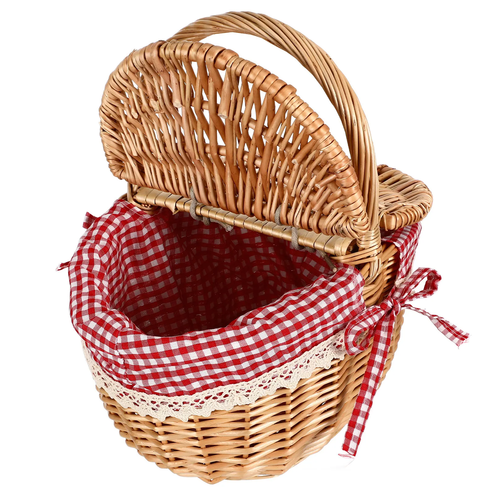 

1pc Portable Wicker Storage Basket With Double Lids Food Fruit Snacks Container Travel Outdoor Picnic Supply Multipurpose Woven