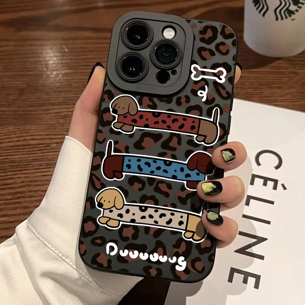 ヒョウ柄ダックスフント子犬電話ケース Iphone 16e 16 15 14 13 12 11 ミニプロマックス X XR XSMax 8 7 6 6S プラスソフトバックカバー