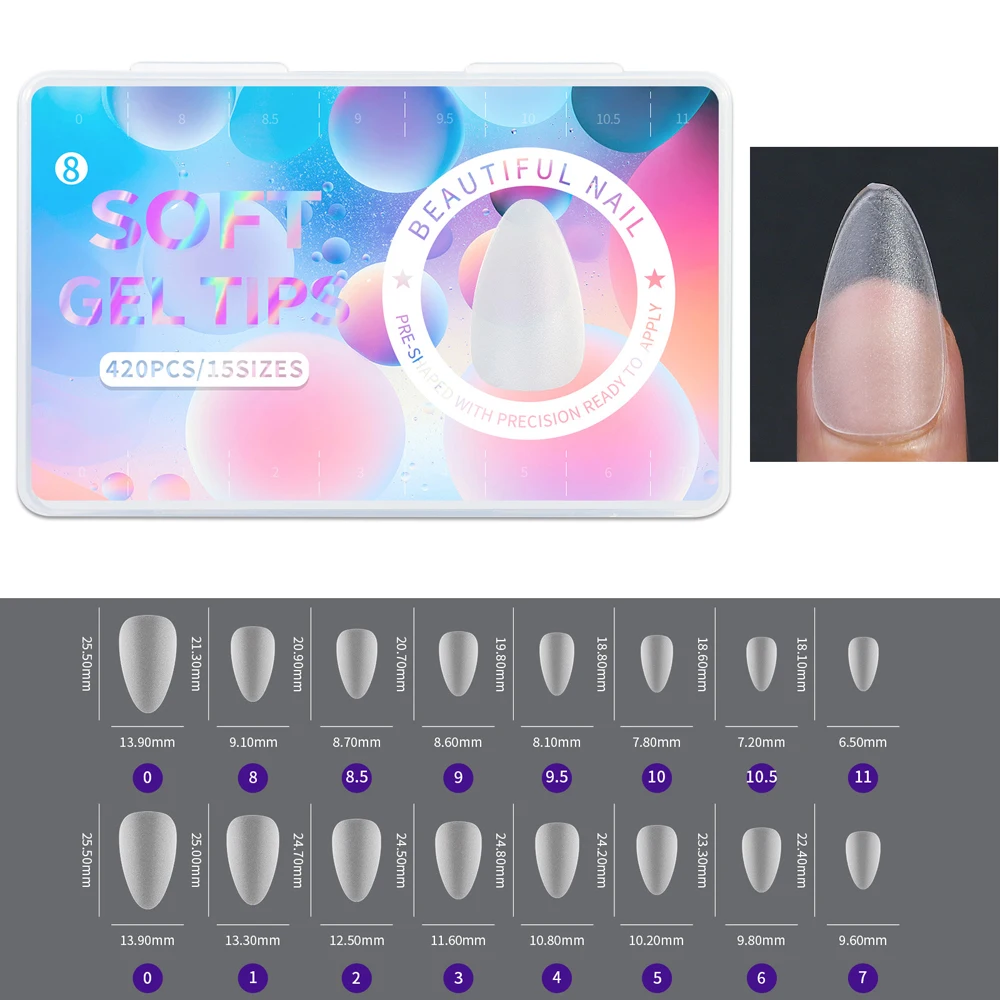 420 Stück Weiche Matte Mandelförmige Nagelspitzen, Voll Transparent, Soak-Off Gel, Kurze T-Form, Runde Ovale Kapselspitzen für Nagelkunst-Dekoration – Detail 13